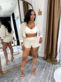 Women Spring and Summer Career Casual Turndown Collar Striped Long Sleeve Shirt Shorts Two-piece Set