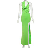 Women Spring Summer Sexy Halter Neck Backless Solid Bodycon Slit Dress