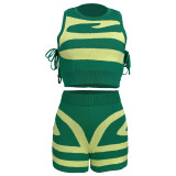 Women Sleeveless Tank Top Lace-Up Printed Casual Top and Shorts Two-Piece Set