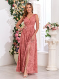 Women Printed Chiffon Party Sleeveless V-Neck Slit Evening Dress（Processing time need 3-6 days）