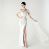 Women One Shoulder Slant Back Patchwork Mesh Formal Party Evening Dress