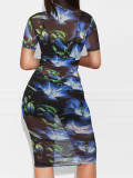 Women Printed Mesh Dress + Vest + Shorts Three-Piece