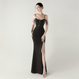 Women Fishbone Lace-Up Formal Formal Party Prom Strappy Sequin Evening Dress