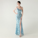 Women One Shoulder Beaded Sequin Embroidery Formal Party Prom Wedding Evening Dress