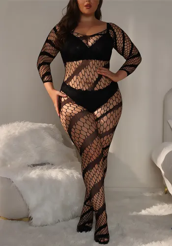 Plus Size Women Hollow Stripe Bodycon Dress Pantyhose Sexy Lingerie
