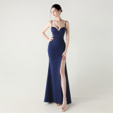 Women Strappy Heart-Shaped Lace Grid Embroidery Beaded Fishbone Formal Party Evening Dress