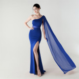 Women One Shoulder Slant Back Patchwork Mesh Formal Party Evening Dress