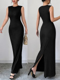 Women Summer Round Neck Solid Ribbed Dress
