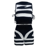 Women Sleeveless Tank Top Lace-Up Printed Casual Top and Shorts Two-Piece Set