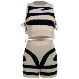 Women Sleeveless Tank Top Lace-Up Printed Casual Top and Shorts Two-Piece Set