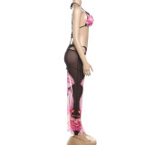 Women Summer Printed Sexy Bikini See-Through Skirt Two-Piece Set