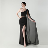 Women One Shoulder Slant Back Patchwork Mesh Formal Party Evening Dress