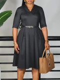 Women Elegant Solid Five-quarter Sleeve African Dress