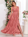 Women Printed Chiffon Party Sleeveless V-Neck Slit Evening Dress（Processing time need 3-6 days）