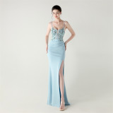 Women Fishbone Lace-Up Sequin Embroidery Formal Formal Party Evening Dress