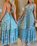 Women summer suspender v-neck print sexy dress