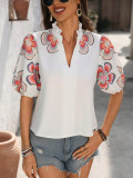Women spring and summer v-neck high collar embroidered Solid T-shirt Top