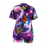 Plus Size Women Butterfly Print Casual Short Sleeve Top and Shorts Two-Piece Set