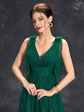 Women sequined bow elegant v-neck ball suspender evening dress（Processing time need 3-6 days）