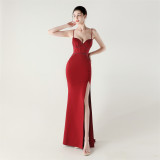 Women Strappy Heart-Shaped Lace Grid Embroidery Beaded Fishbone Formal Party Evening Dress