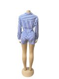Women Spring and Summer Career Casual Turndown Collar Striped Long Sleeve Shirt Shorts Two-piece Set
