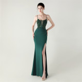 Women Fishbone Lace-Up Sequin Embroidery Formal Formal Party Evening Dress