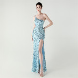 Women One Shoulder Beaded Geometric Sequin Formal Party Prom Wedding Evening Dress