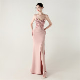 Women Fishbone Lace-Up Sequin Embroidery Formal Formal Party Evening Dress