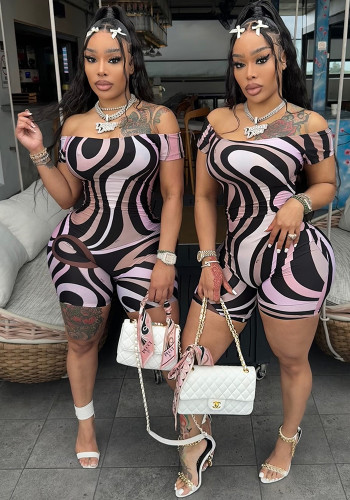 Women Summer Strapless Geometric Print Short Sleeve Jumpsuit