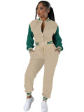 Women Patchwork Baseball Jacket and Pants Two-piece Set