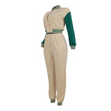 Women Patchwork Baseball Jacket and Pants Two-piece Set