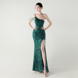 Women One Shoulder Beaded Sequin Embroidery Formal Party Prom Wedding Evening Dress