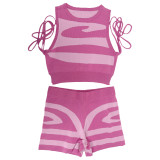 Women Sleeveless Tank Top Lace-Up Printed Casual Top and Shorts Two-Piece Set