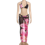 Women Summer Printed Sexy Bikini See-Through Skirt Two-Piece Set