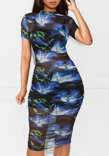 Women Printed Mesh Dress + Vest + Shorts Three-Piece