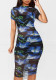 Women Printed Mesh Dress + Vest + Shorts Three-Piece