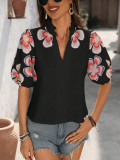 Women spring and summer v-neck high collar embroidered Solid T-shirt Top