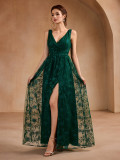 Women High Mesh Embroidered V-Neck Slit Evening Dress（Processing time need 3-6 days）
