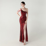 Women One Shoulder Beaded Sequin Embroidery Formal Party Prom Wedding Evening Dress