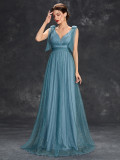 Women sequined bow elegant v-neck ball suspender evening dress（Processing time need 3-6 days）