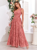 Women Printed Chiffon Party Sleeveless V-Neck Slit Evening Dress（Processing time need 3-6 days）