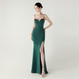 Women Strappy Heart-Shaped Lace Grid Embroidery Beaded Fishbone Formal Party Evening Dress