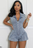 Women Casual Sexy Zipper Stretch Denim Bubble Jumpsuit