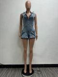 Women Casual Sexy Zipper Stretch Denim Bubble Jumpsuit