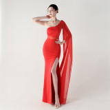 Women One Shoulder Slant Back Patchwork Mesh Formal Party Evening Dress