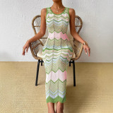 Women Round Neck Knitting Contrast Bodycon Sexy Beach Holidays Sleeveless Maxi Dress