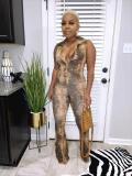 Women's Fashionable snake print V-neck tight fitting wide leg jumpsuit