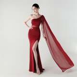 Women One Shoulder Slant Back Patchwork Mesh Formal Party Evening Dress