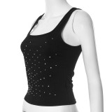 Women Beaded U-neck Vest Crop Top T-shirt