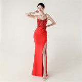 Women Fishbone Lace-Up Sequin Embroidery Formal Formal Party Evening Dress